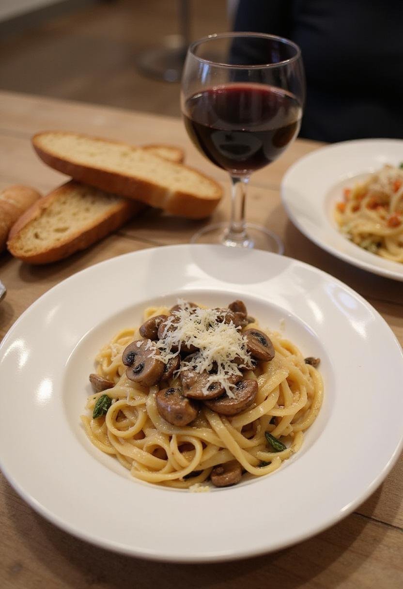 Delicious Tagliatelles aux Champignons served with wine and bread, perfect for a gourmet meal.