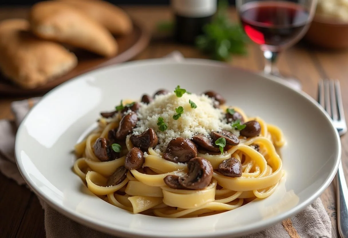 Delicious Tagliatelles aux Champignons served with wine and bread, perfect for a gourmet meal.
