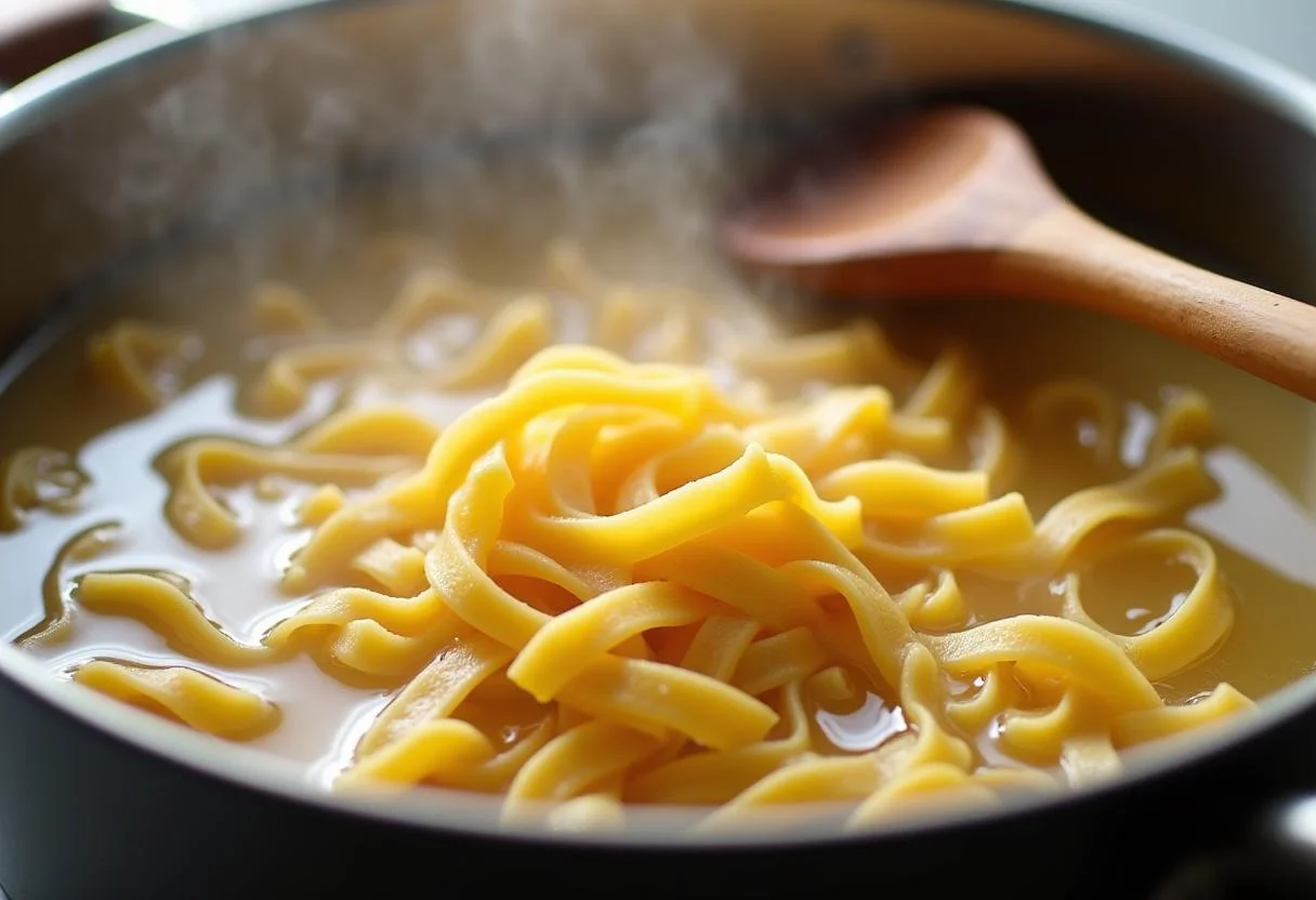 Fresh tagliatelle pasta boiling in salted water for Tagliatelles aux Champignons preparation.