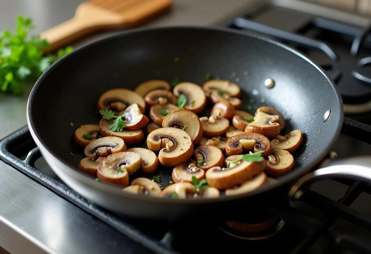 Sliced mushrooms being sautéed in olive oil and garlic for Tagliatelles aux Champignons.