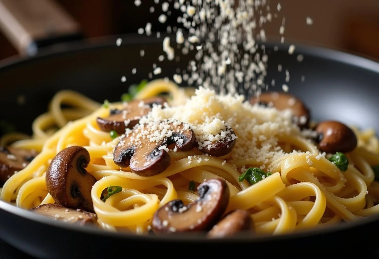 Tossing cooked tagliatelle with sautéed mushrooms and parmesan cheese for Tagliatelles aux Champignons.