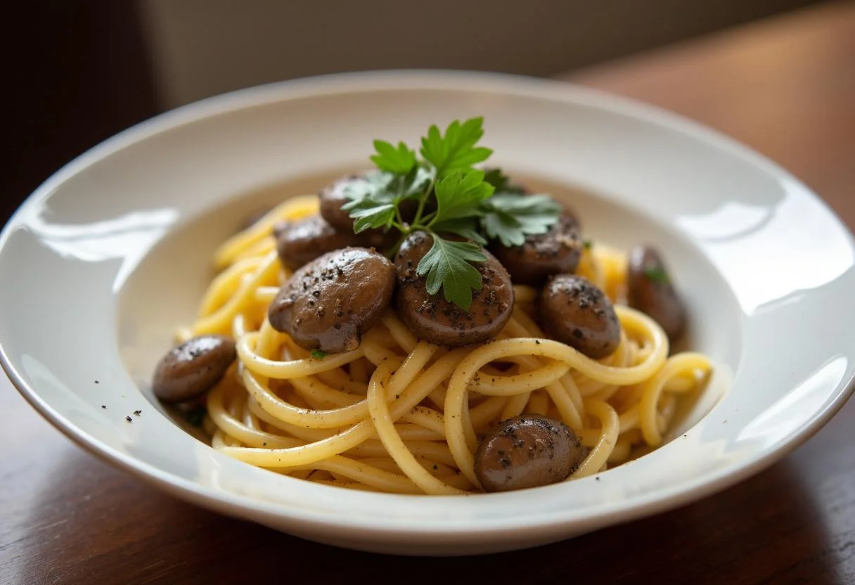 Serving bowl of Tagliatelles aux Champignons garnished with parsley and pepper.