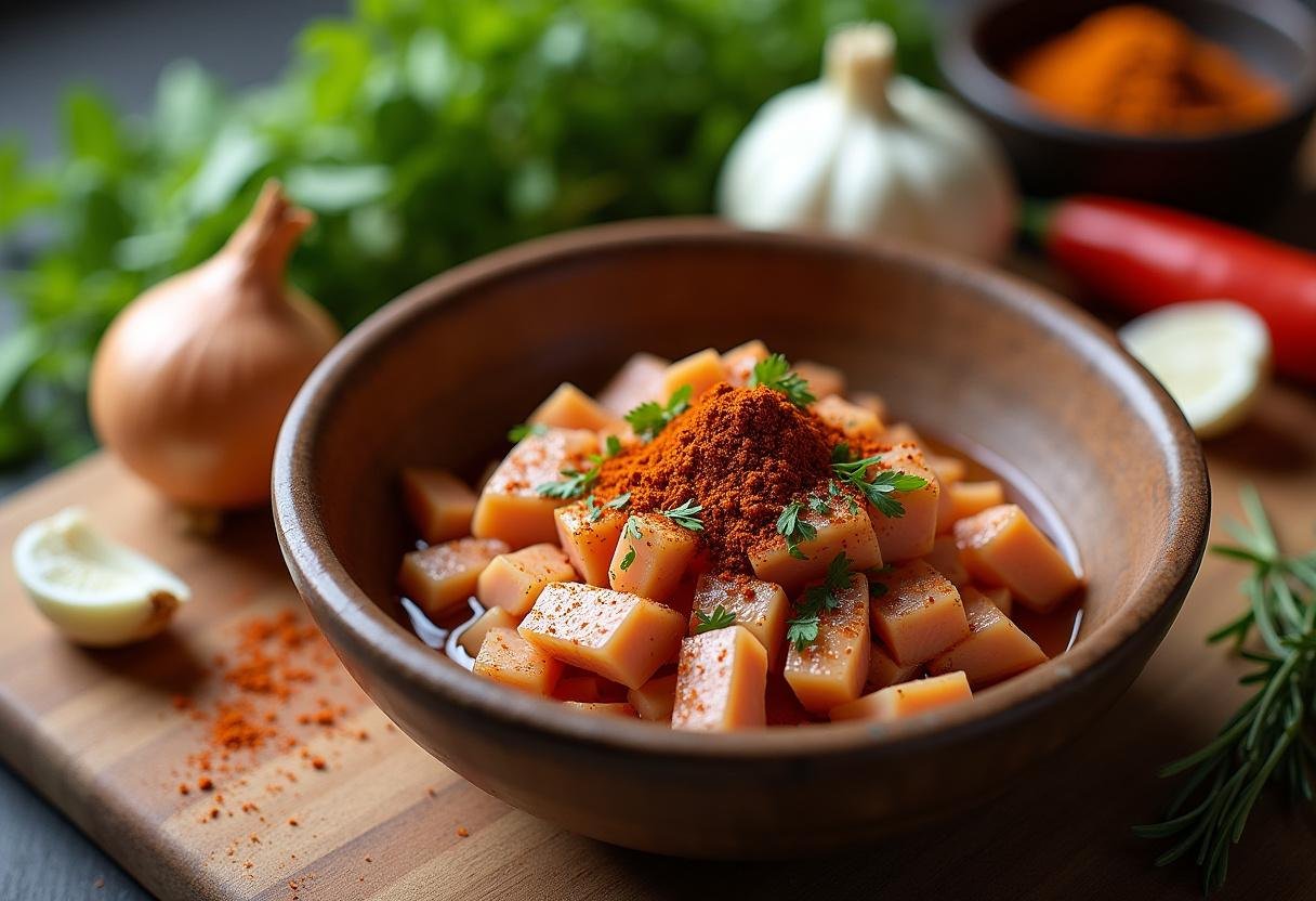 Diced chicken marinated with spices for Tajine de Poulet aux Épices et Miel.