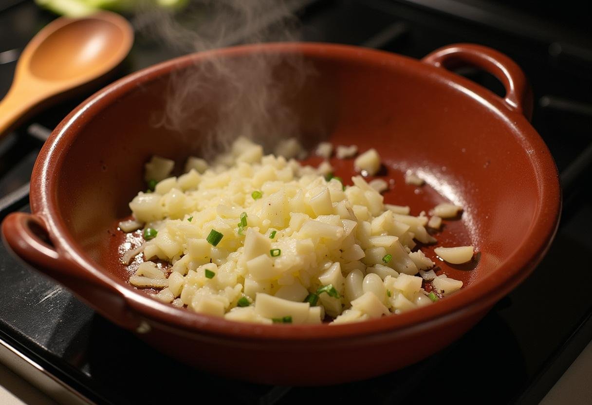 Onions and garlic sautéing in a tagine pot for Tajine de Poulet aux Épices et Miel.