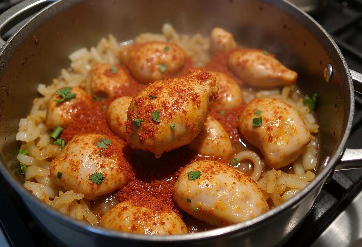 Marinated chicken being added to a tagine pot for Tajine de Poulet aux Épices et Miel.