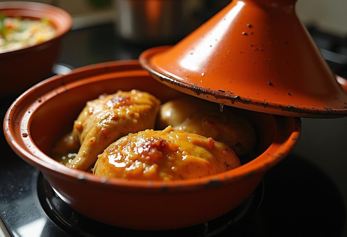 Tagine pot with chicken and honey ready to simmer for Tajine de Poulet aux Épices et Miel.