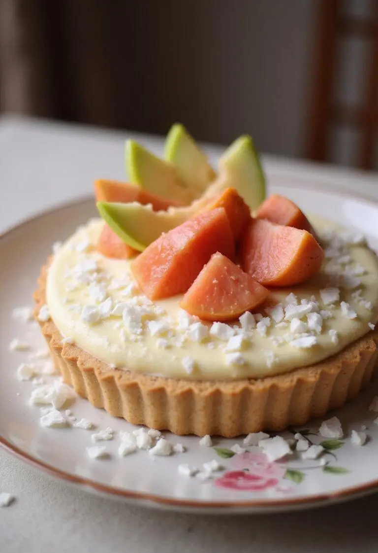 Tarte mousse exotique goyave passion et coco finie, prête à être servie dans une présentation élégante.