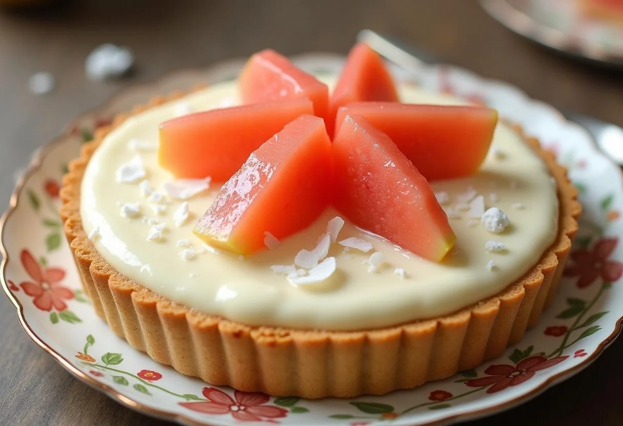 Tarte mousse exotique goyave passion et coco finie, prête à être servie dans une présentation élégante.
