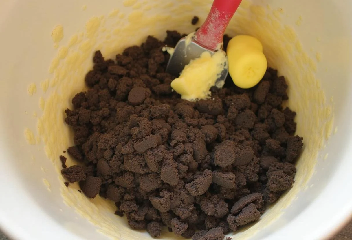Mélange de biscuits écrasés et de beurre fondu pour la croûte de tarte mousse exotique goyave passion et coco.