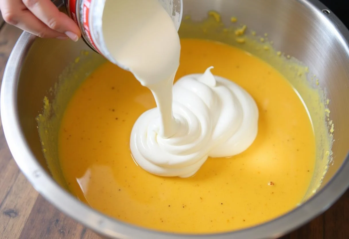 Incorporation de la crème fouettée dans la mousse de goyave et de passion pour la tarte mousse exotique.