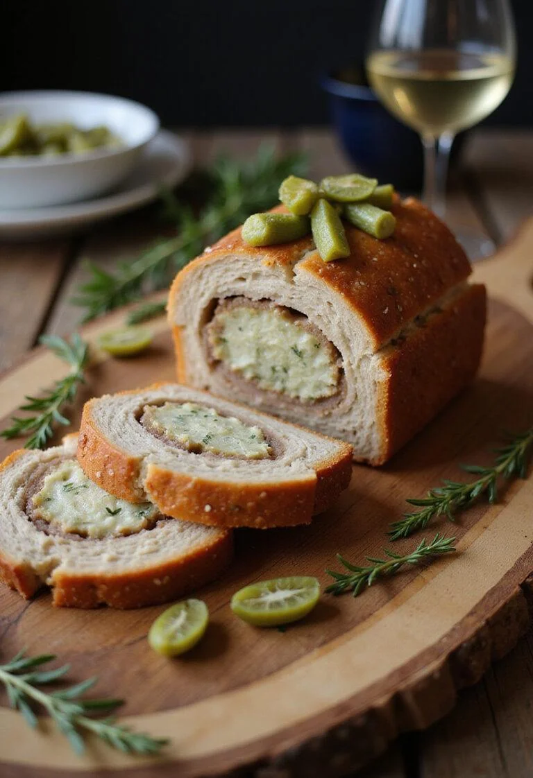 Slice of Terrine de Campagne Rustique served on a wooden board, perfect for a classic French meal.