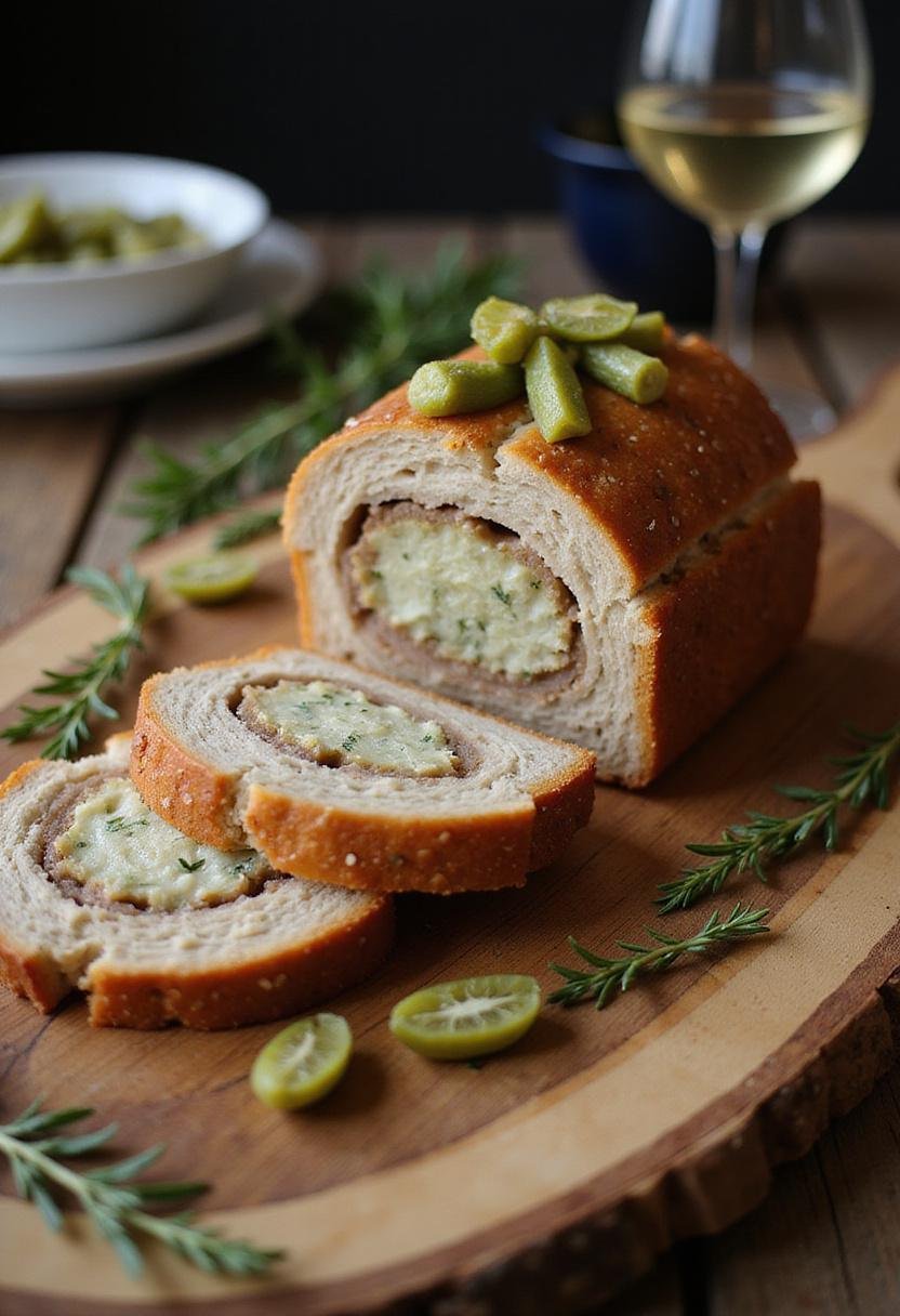 Slice of Terrine de Campagne Rustique served on a wooden board, perfect for a classic French meal.