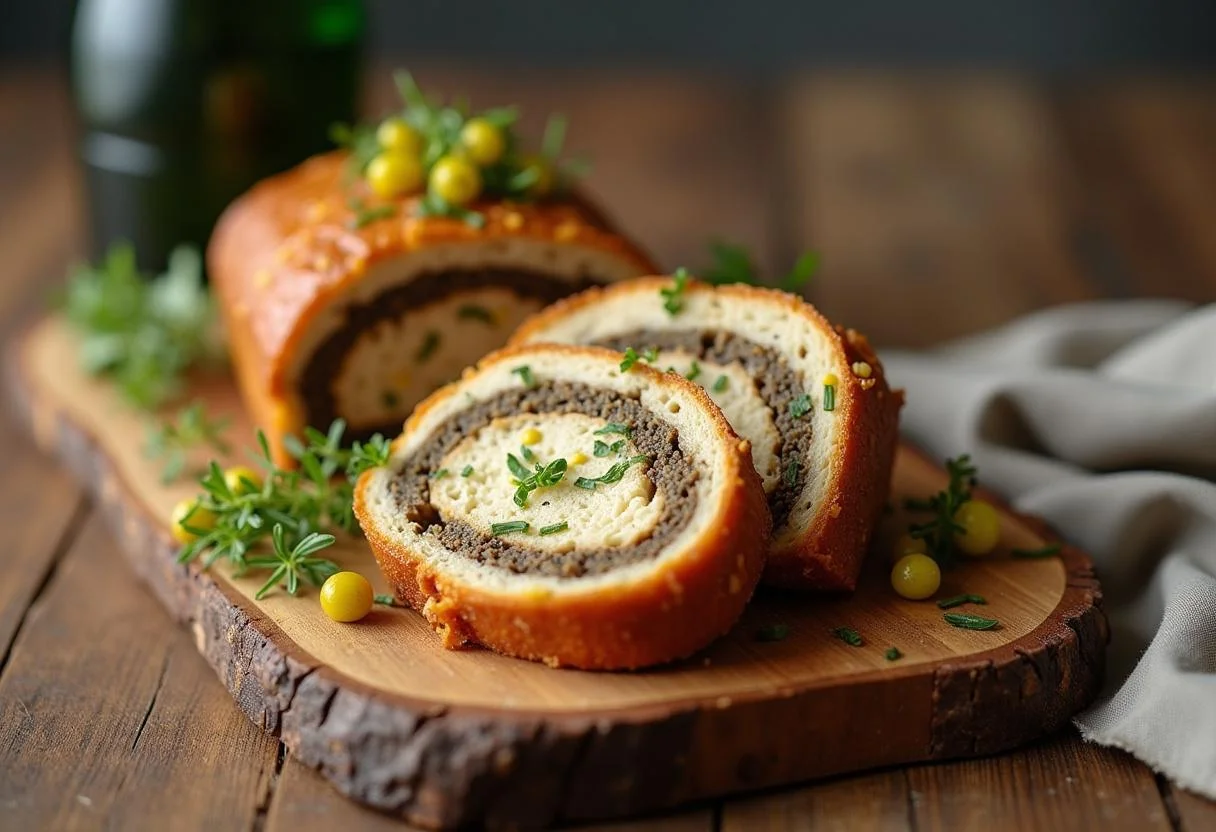 Tranche de Terrine de Campagne Rustique servie sur une planche en bois, parfaite pour un repas français classique.