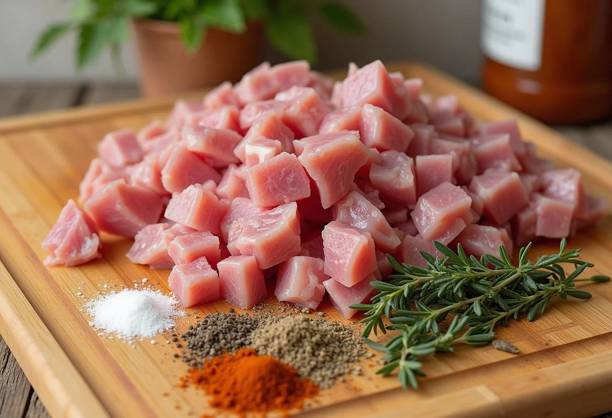 Ingrédients pour la Terrine de Campagne Rustique préparés sur une planche à découper, présentant les viandes et les herbes de ce plat français rustique.