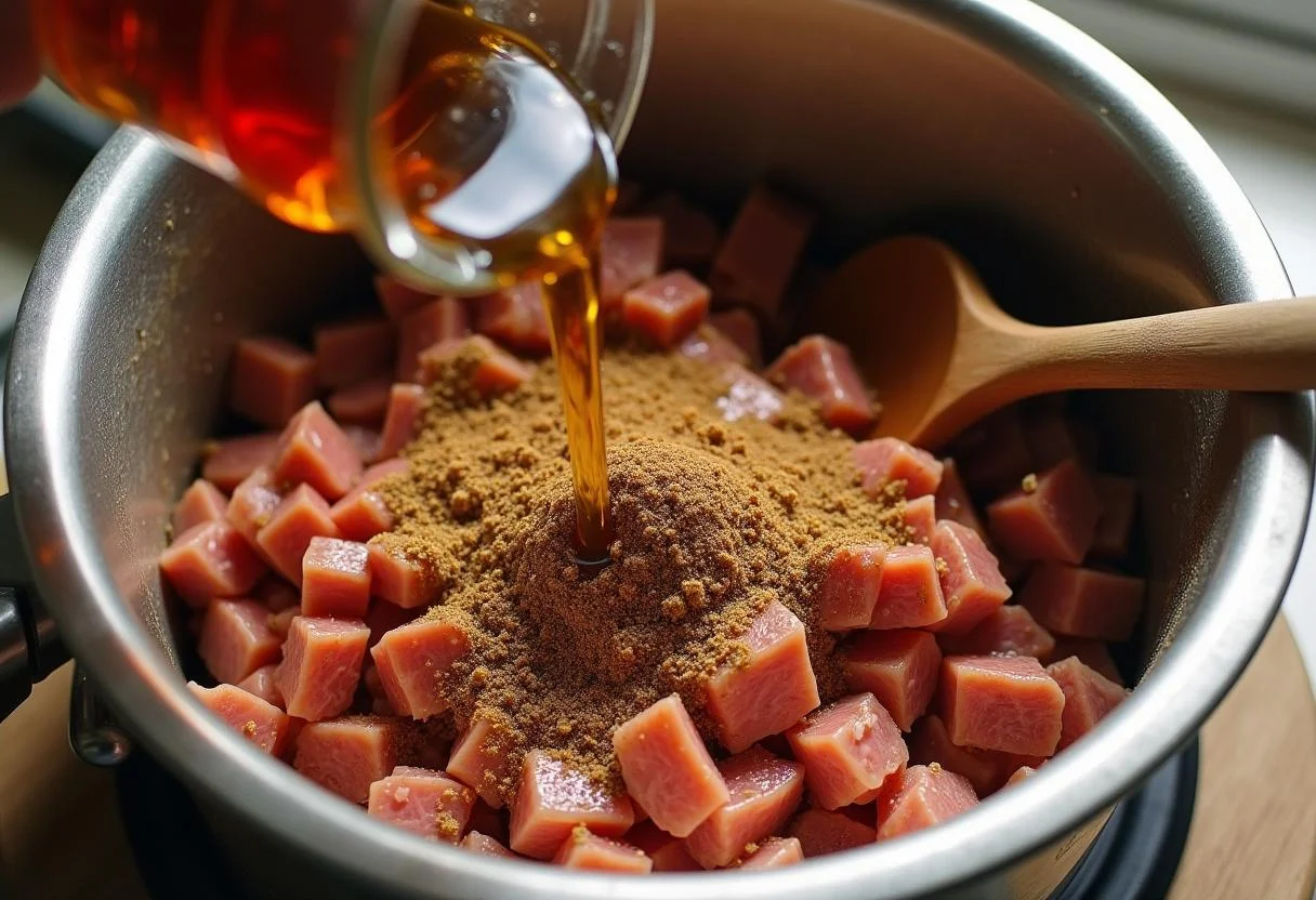 Mélange des viandes et des assaisonnements pour la Terrine de Campagne Rustique, avec du brandy ajouté pour rehausser la saveur.