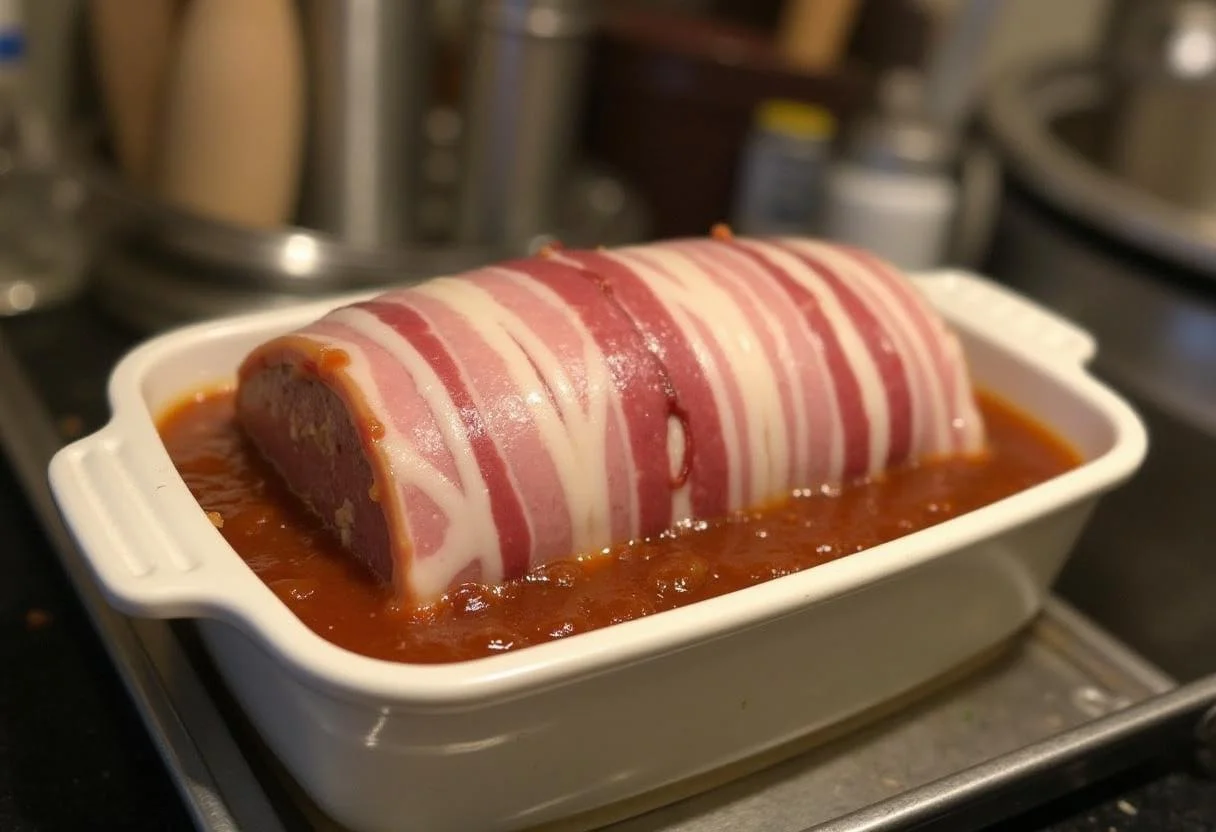 Moule à terrine rempli et couvert, prêt pour la cuisson au bain-marie pour la Terrine de Campagne Rustique.
