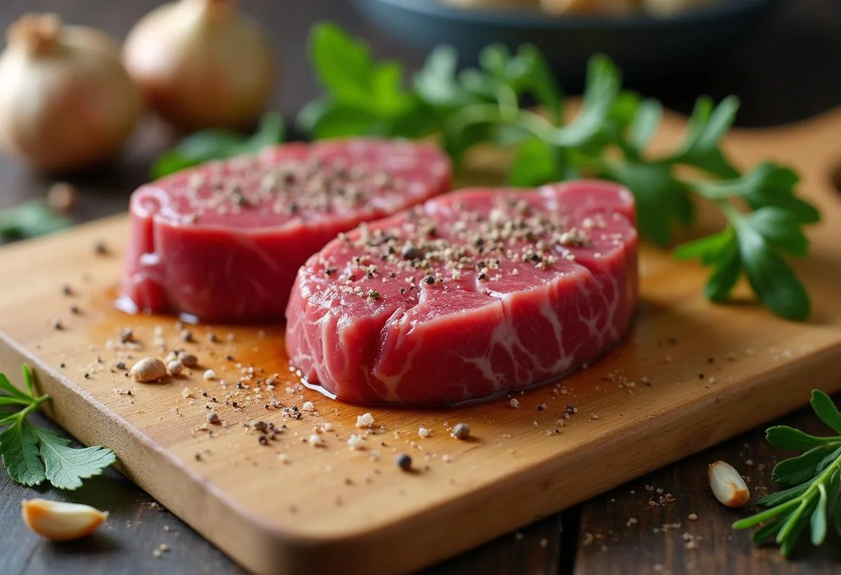 Beef tenderloin medallions prepared for Tournedos Rossini, garnished with herbs and shallots.