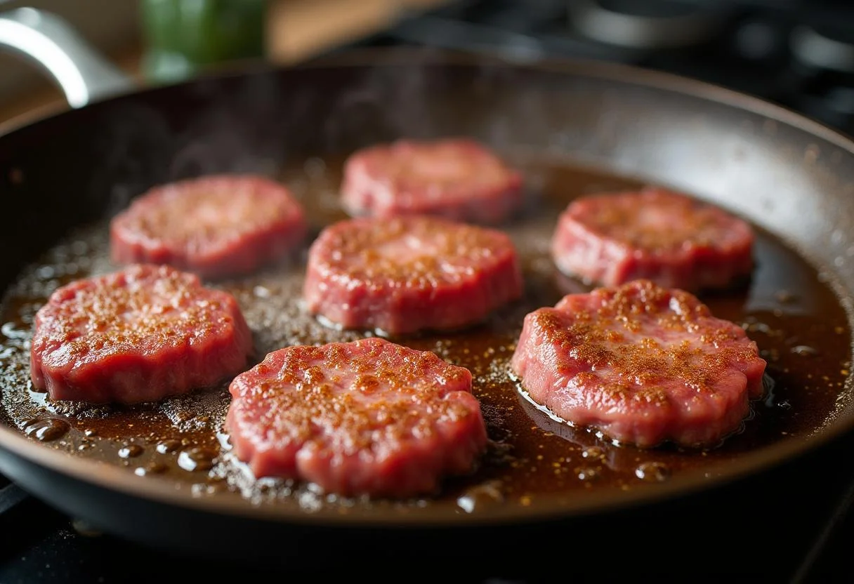 Seared beef tenderloins in a skillet, a crucial step in making Tournedos Rossini.