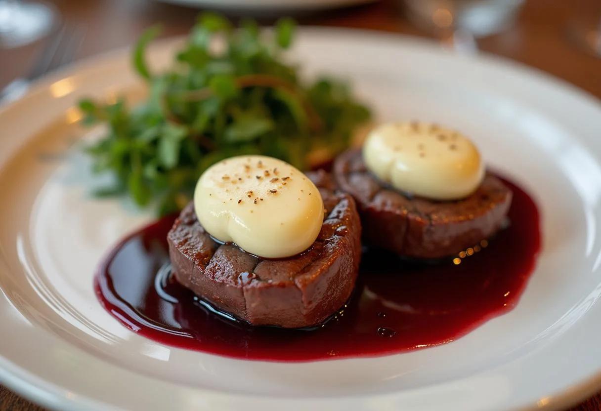 Beef medallions with foie gras and port wine sauce, a luxurious Tournedos Rossini dish.