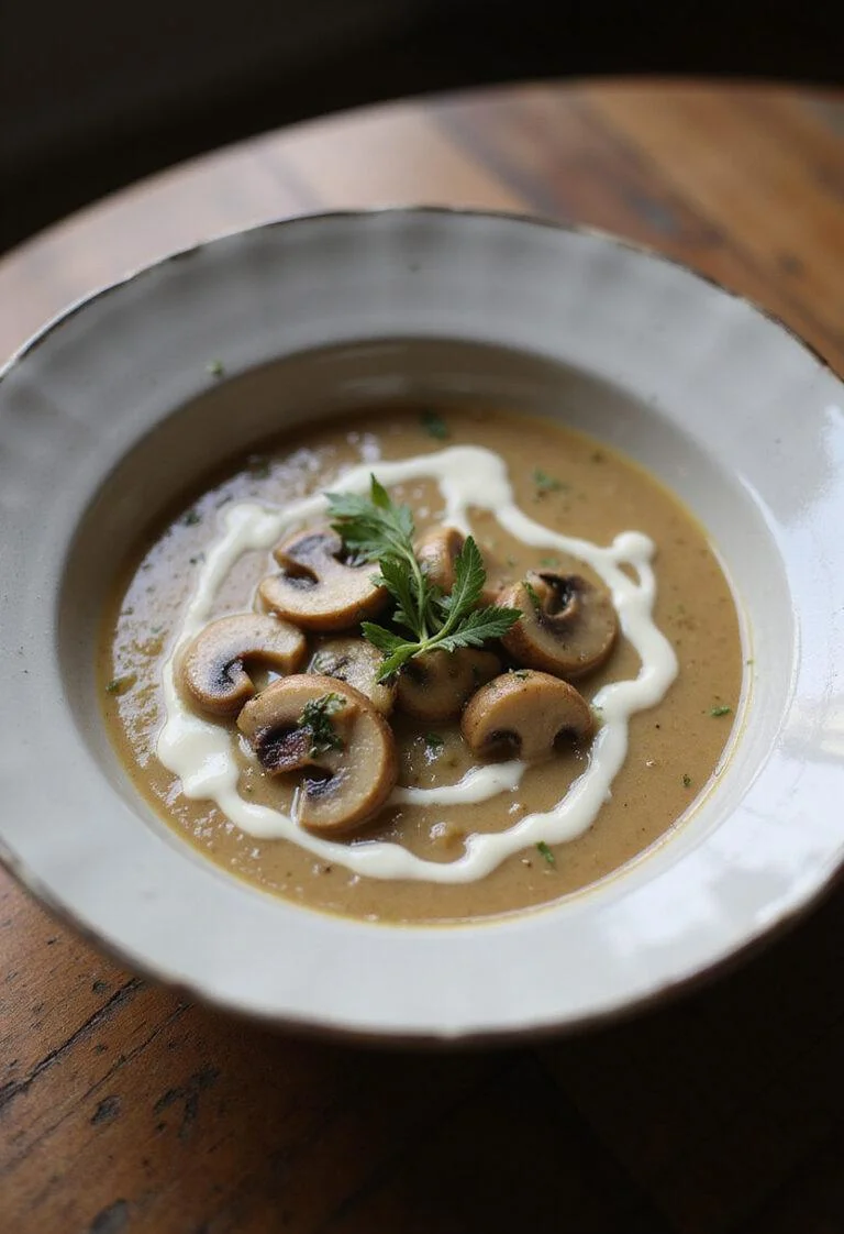 Velouté de champignons crémeux présenté dans un bol, décoré de crème et d'herbes fraîches.