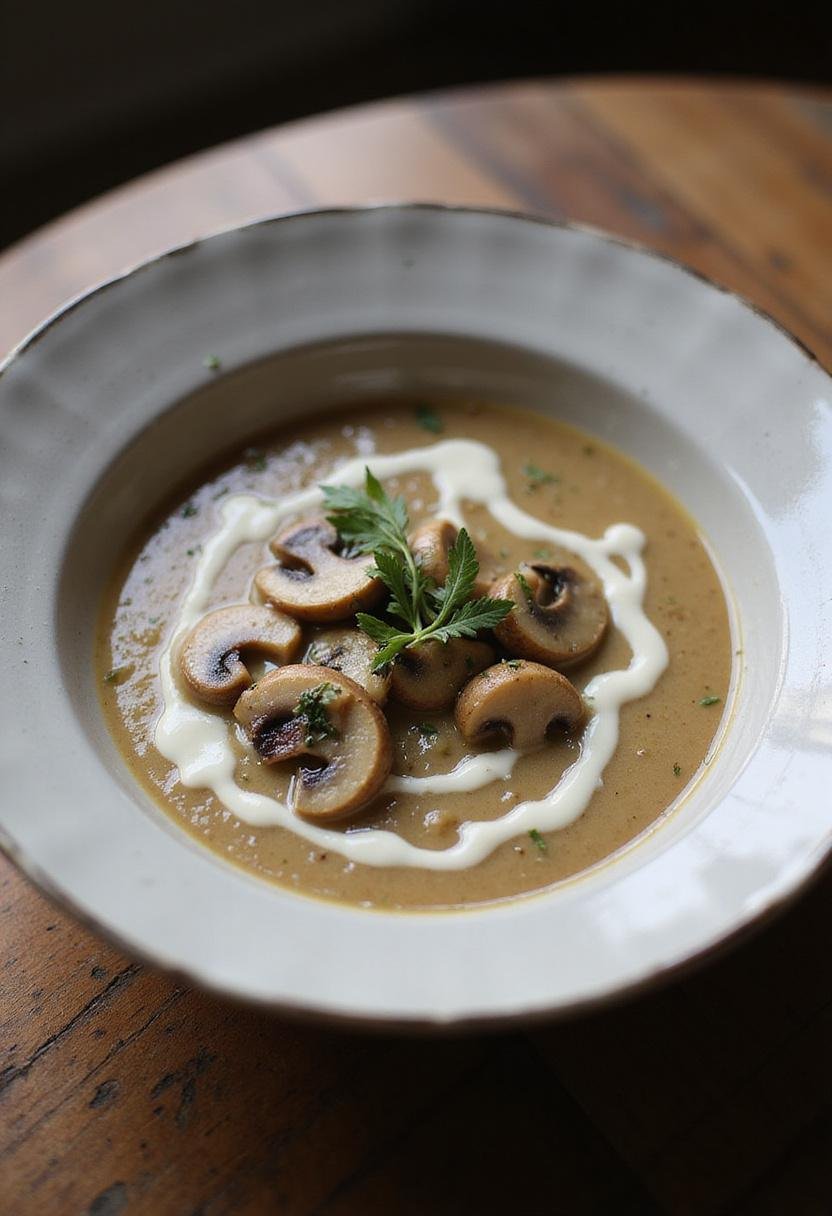 Velouté de champignons crémeux présenté dans un bol, décoré de crème et d'herbes fraîches.