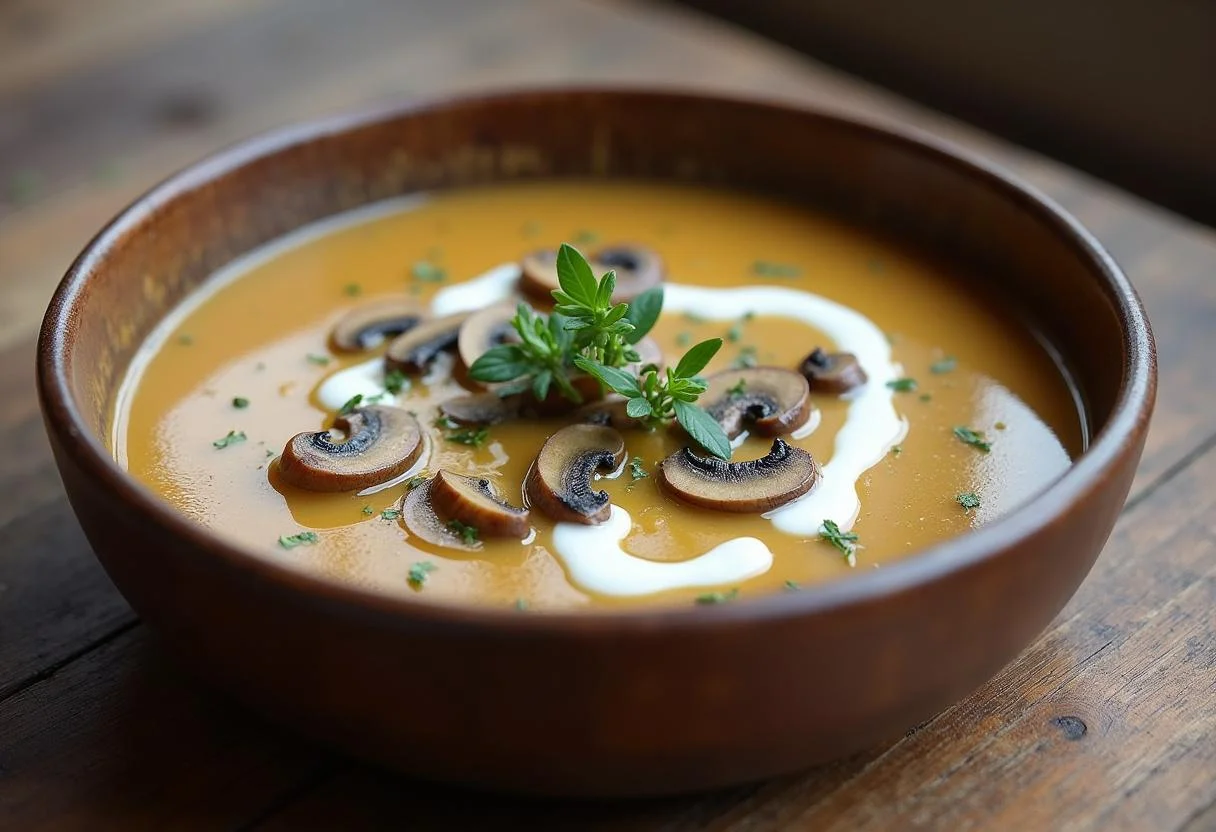 Velouté de champignons crémeux présenté dans un bol, décoré de crème et d'herbes fraîches.