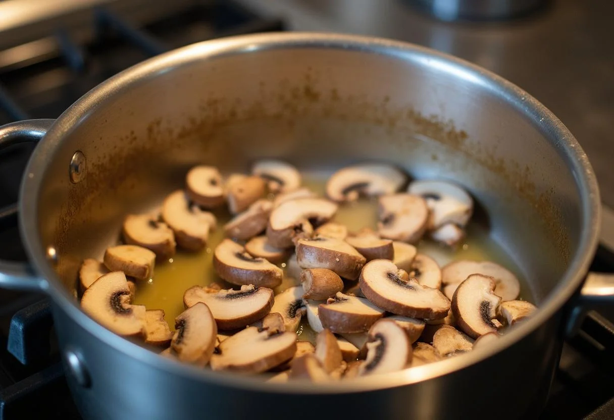 Champignons hachés en train de cuire dans du beurre pour préparer un velouté de champignons crémeux.