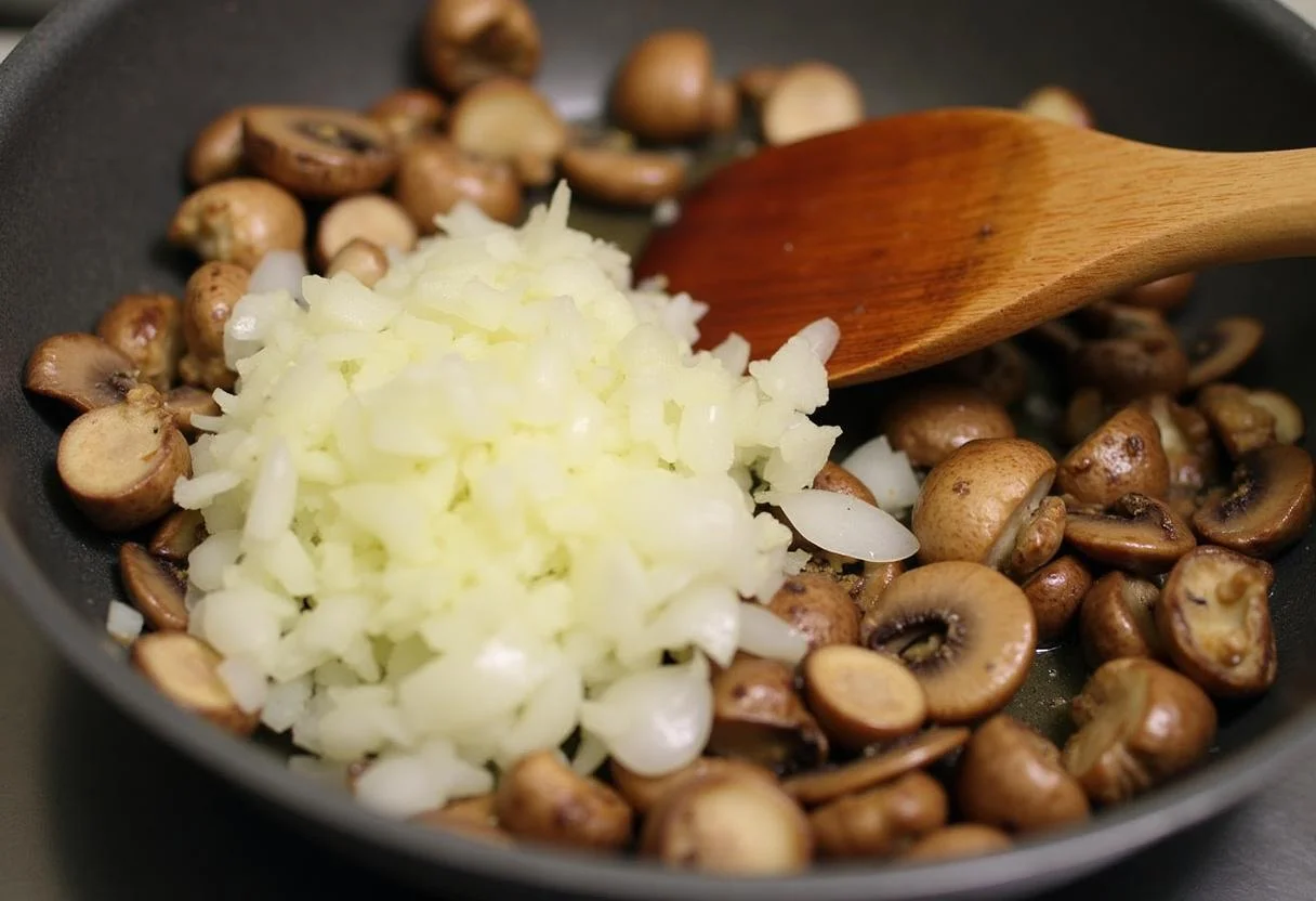 Oignons et ail ajoutés aux champignons pour relever la saveur du velouté de champignons crémeux.