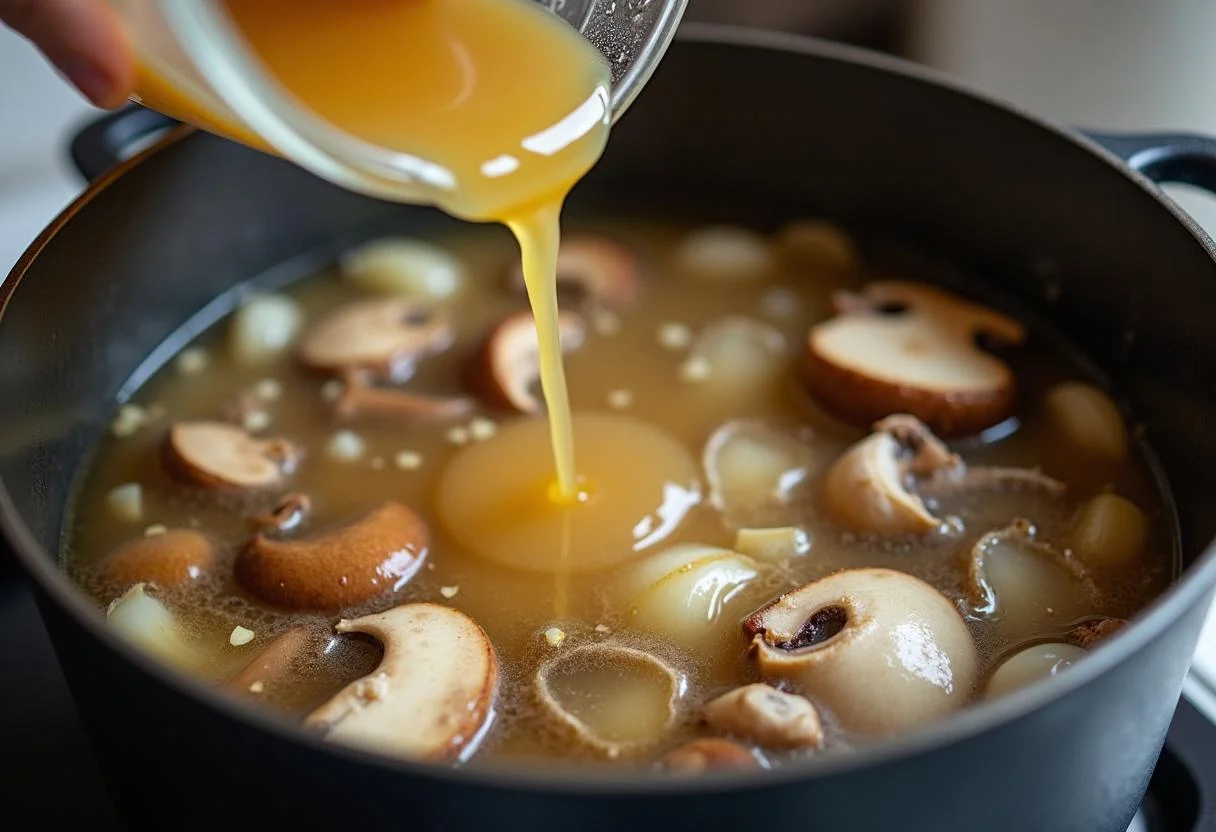 Bouillon de légumes ajouté au mélange pour le velouté de champignons crémeux.