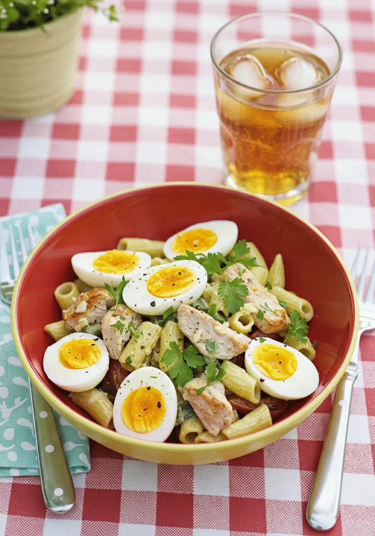 Beautifully garnished Salade de pâtes au poulet et œufs durs on a picnic table, perfect for summer meals.