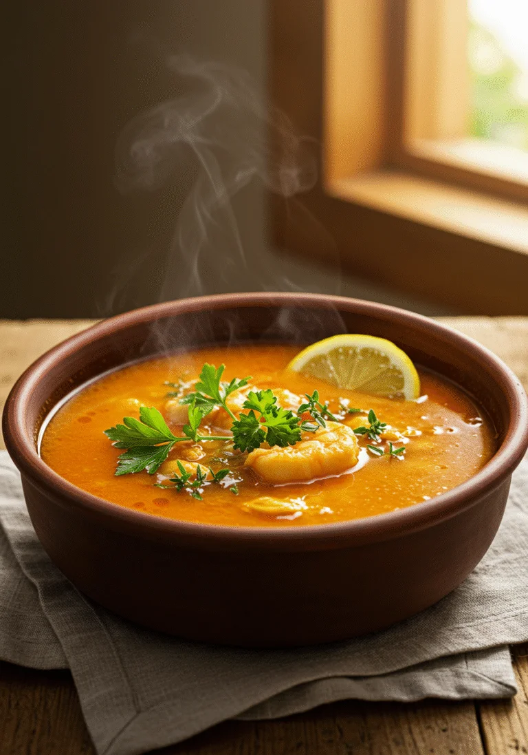 Finished Soupe de Poisson Corsée served in a bowl with lemon and herbs, ideal for a seafood meal.