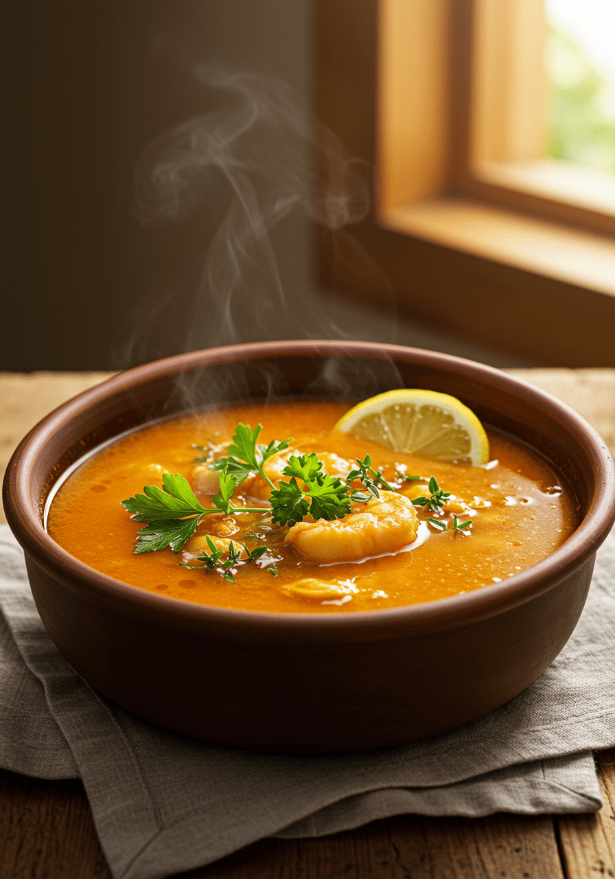 Finished Soupe de Poisson Corsée served in a bowl with lemon and herbs, ideal for a seafood meal.