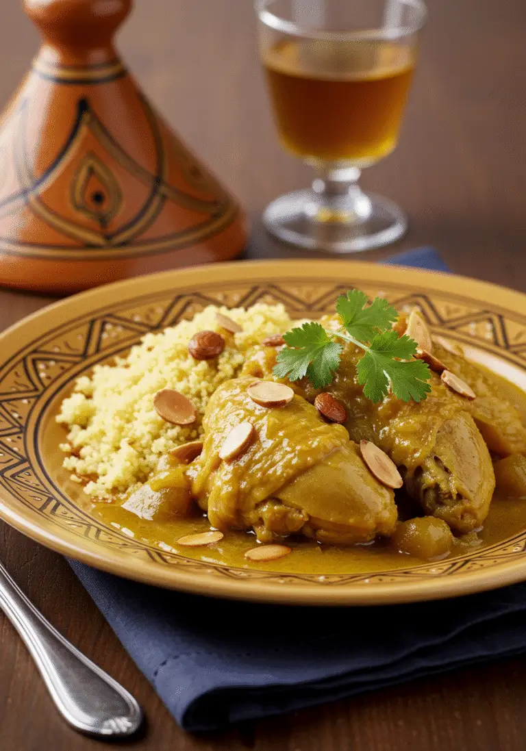 Finished Tajine de Poulet aux Épices et Miel with couscous and garnishes, perfect for a delightful meal.