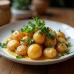 Plat de pommes de terre grenaille dorées et garnies de persil frais, offrant une belle présentation de cuisson de pommes de terre grenaille.