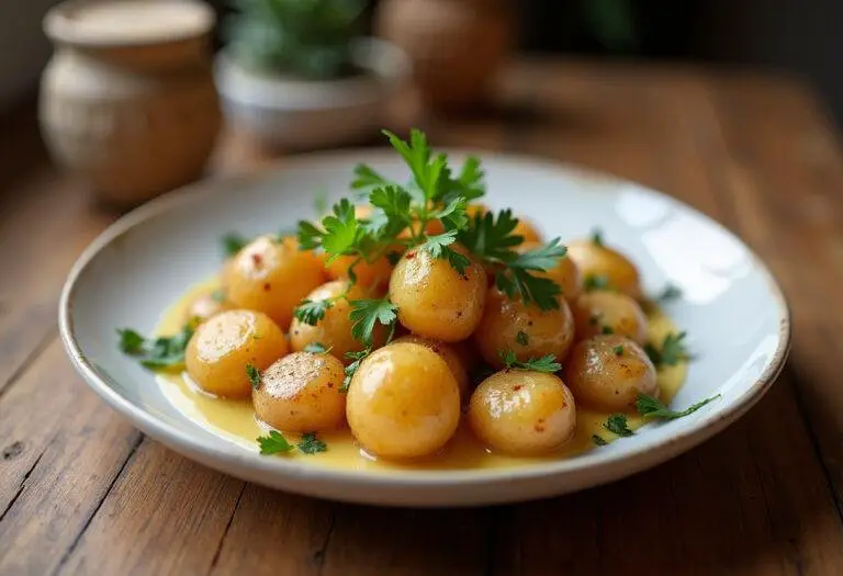 Plat de pommes de terre grenaille dorées et garnies de persil frais, offrant une belle présentation de cuisson de pommes de terre grenaille.