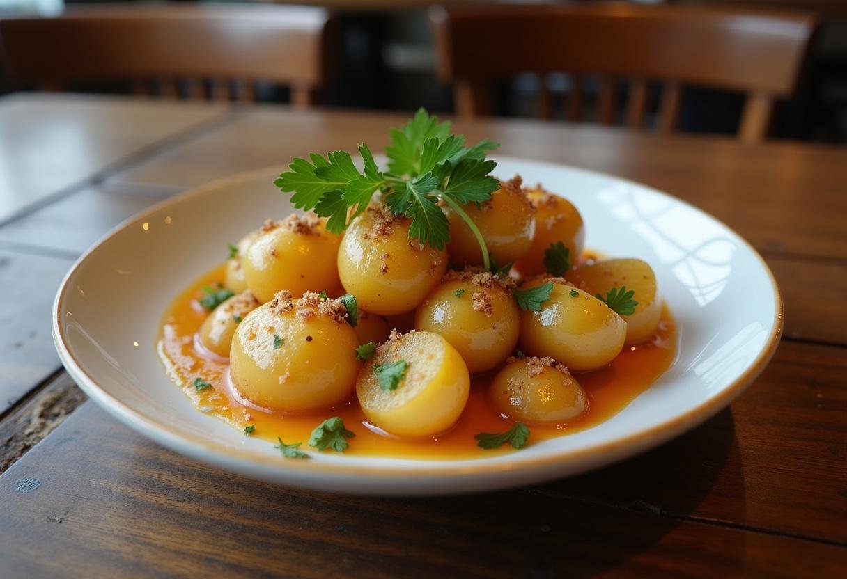 Plat de pommes de terre grenaille dorées et garnies de persil frais, offrant une belle présentation de cuisson de pommes de terre grenaille.