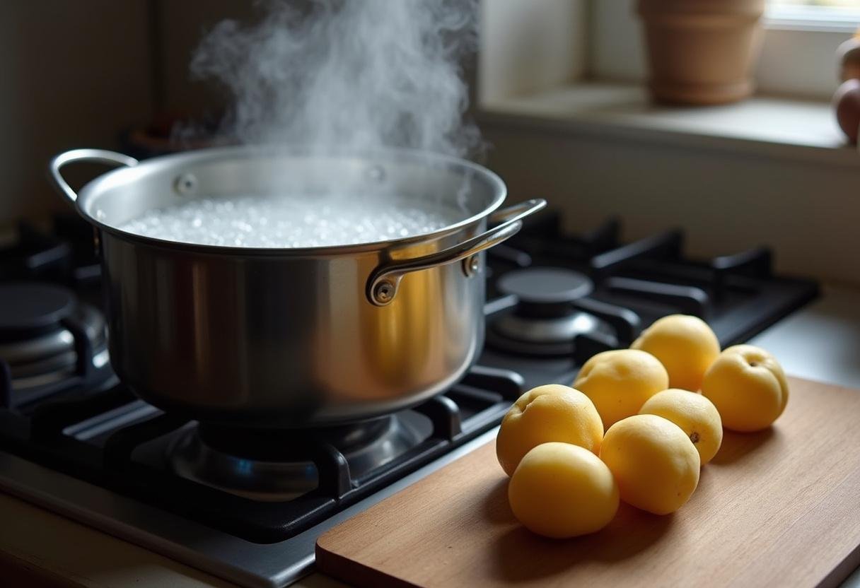 Eau bouillante sur la cuisinière avec des pommes de terre grenaille sur une planche à découper, illustrant la cuisson pommes de terre grenaille.