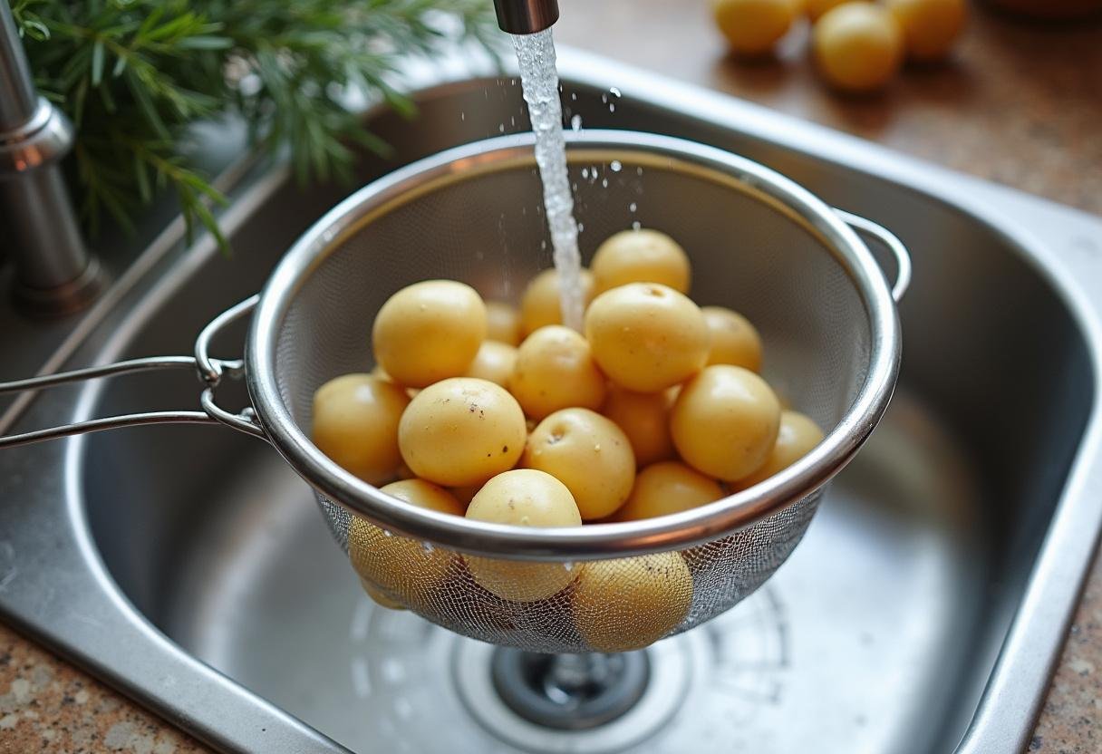 Pommes de terre grenaille rincées sous l'eau froide, préparées avec des herbes fraîches pour la cuisson de pommes de terre grenaille.