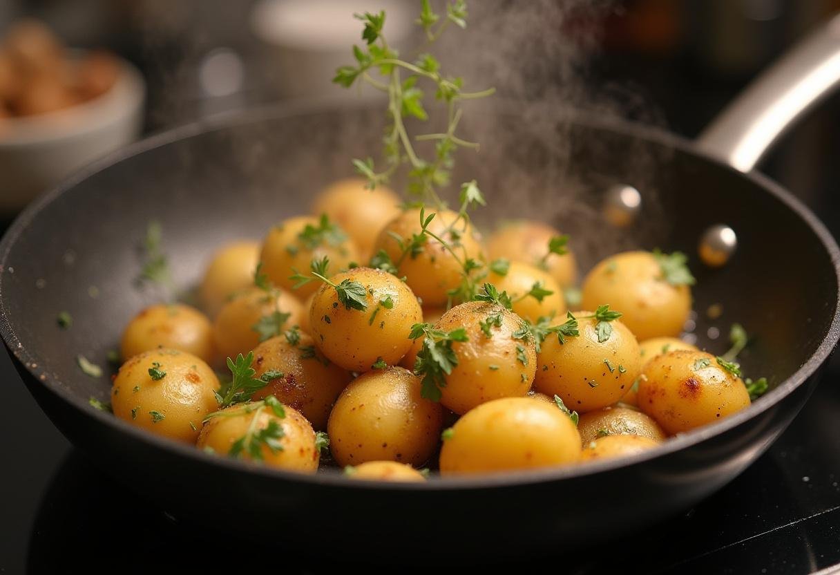 Pommes de terre grenaille ajoutées dans la poêle chaude, émettant des crépitements avec un parfum d'ail, illustrant la cuisson pommes de terre grenaille.