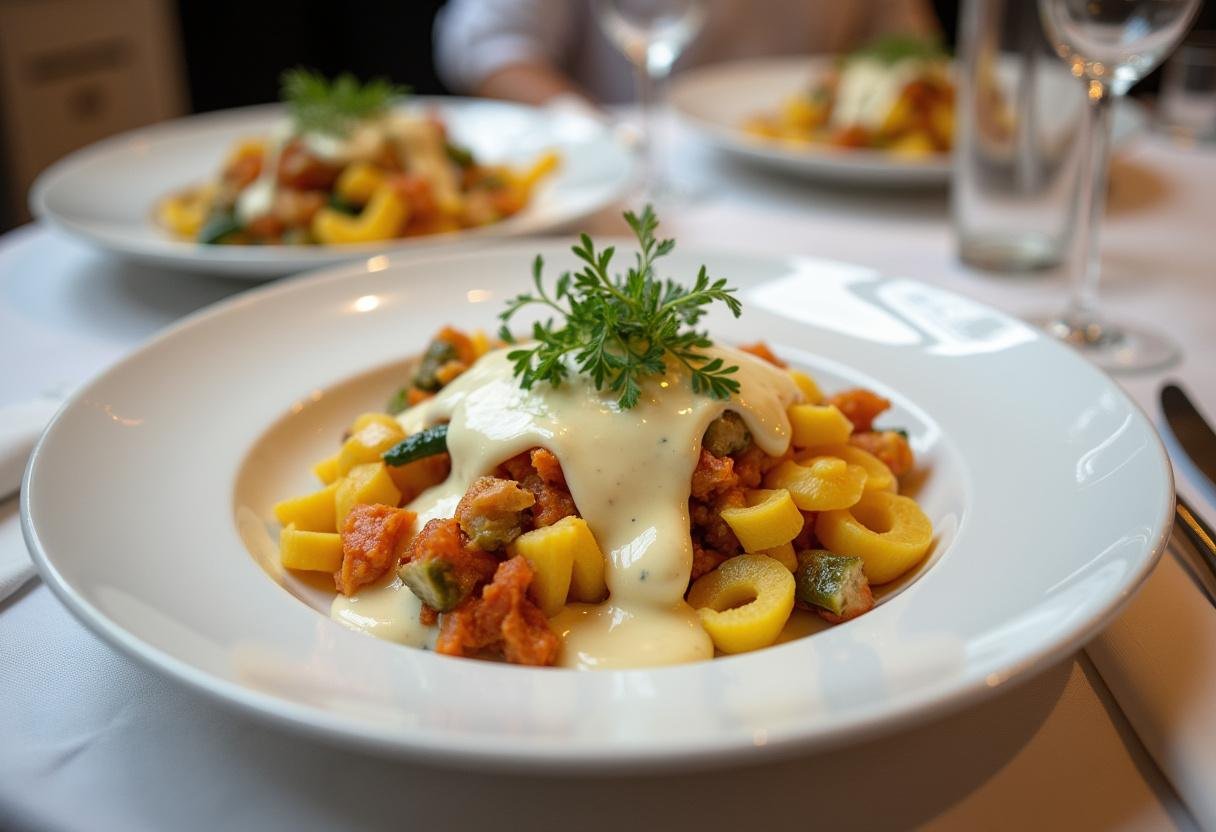Présentation finale de la meilleure béchamel vegan sur des légumes cuits à la vapeur, montrant une sauce délicieuse et crémeuse.