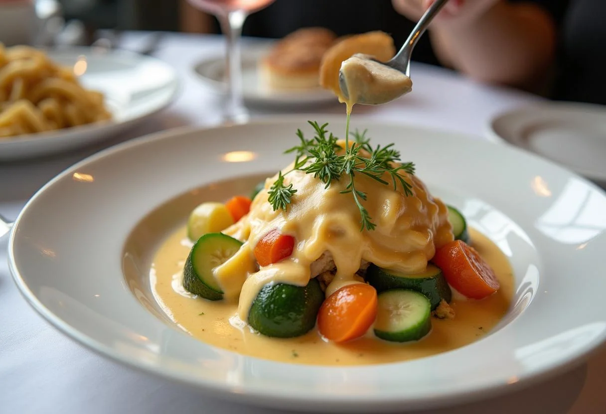 Présentation finale de la meilleure béchamel vegan sur des légumes cuits à la vapeur, montrant une sauce délicieuse et crémeuse.