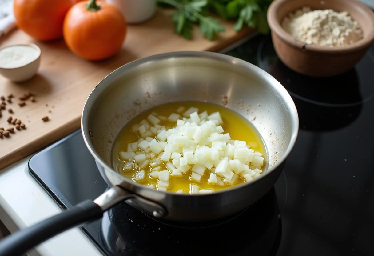 Préparation de la meilleure béchamel vegan avec des oignons sautés et des ingrédients frais dans une cuisine ensoleillée.