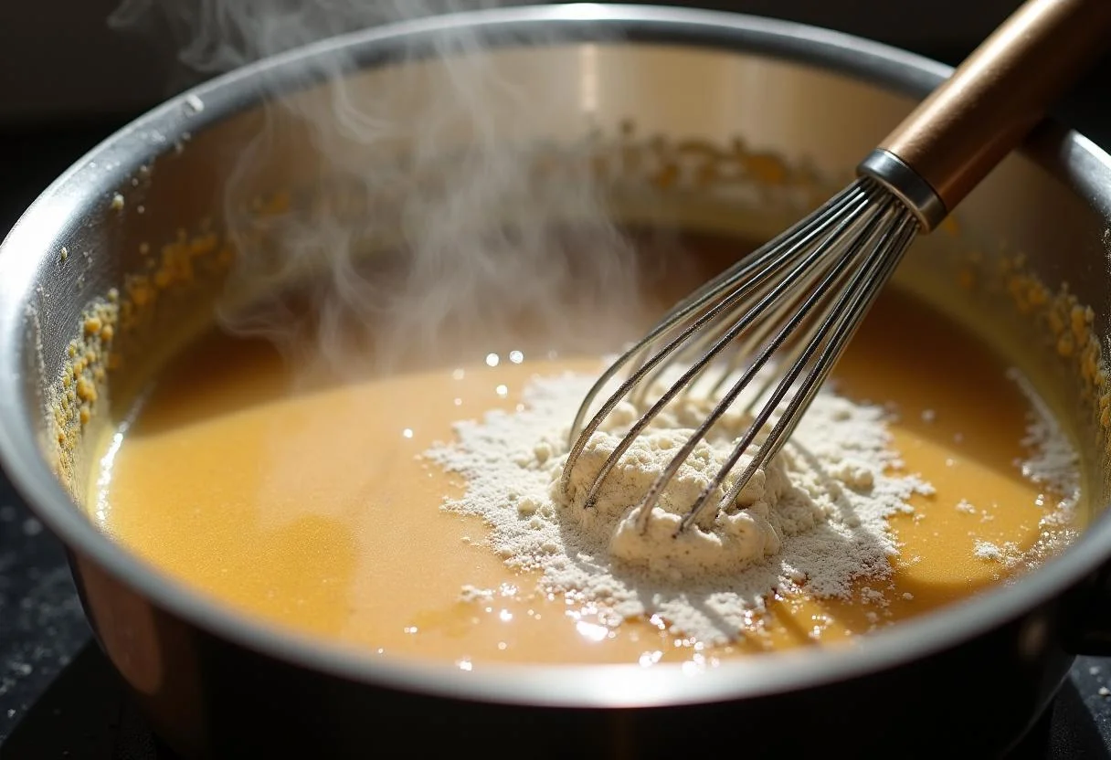 Roux pour la meilleure béchamel vegan en préparation avec de la farine dans la casserole à feu doux.