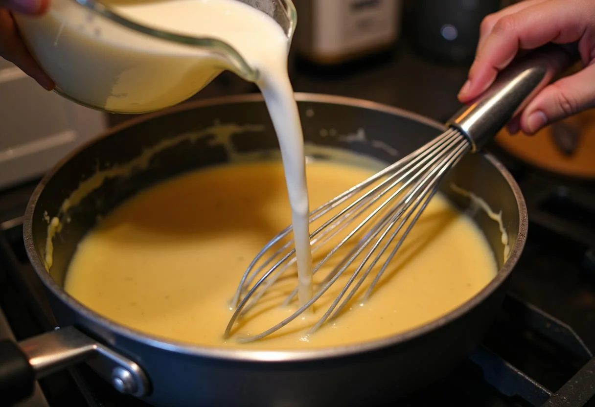 Ajout de lait d'amande pour préparer la meilleure béchamel vegan dans une ambiance chaleureuse et accueillante.