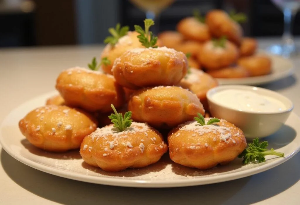 Plat final de beignets de choux fleurs dorés, prêts à être dégustés avec une sauce d'accompagnement.