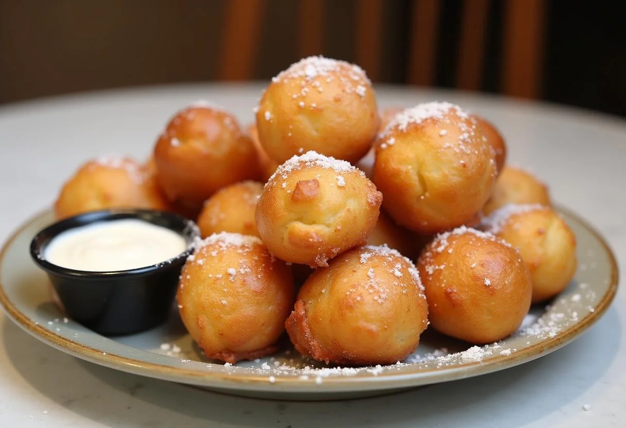 Plat final de beignets de choux fleurs dorés, prêts à être dégustés avec une sauce d'accompagnement.
