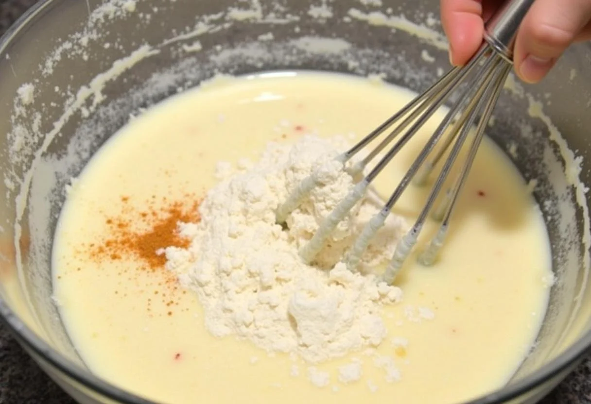 Mélange des ingrédients secs pour les beignets de choux fleurs dans un grand bol, prêt à être combiné.