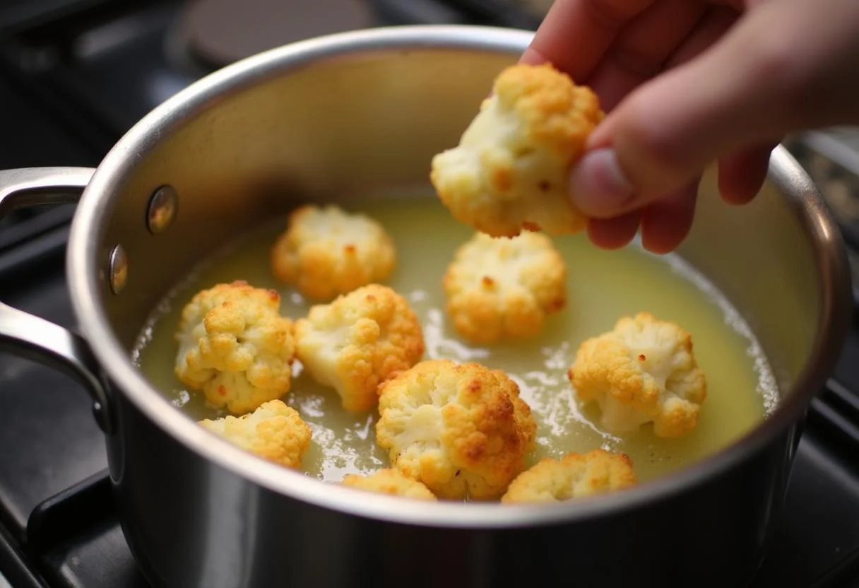 Friture des beignets de choux fleurs dans une poêle avec de l'huile chaude, créant des beignets dorés et croustillants.