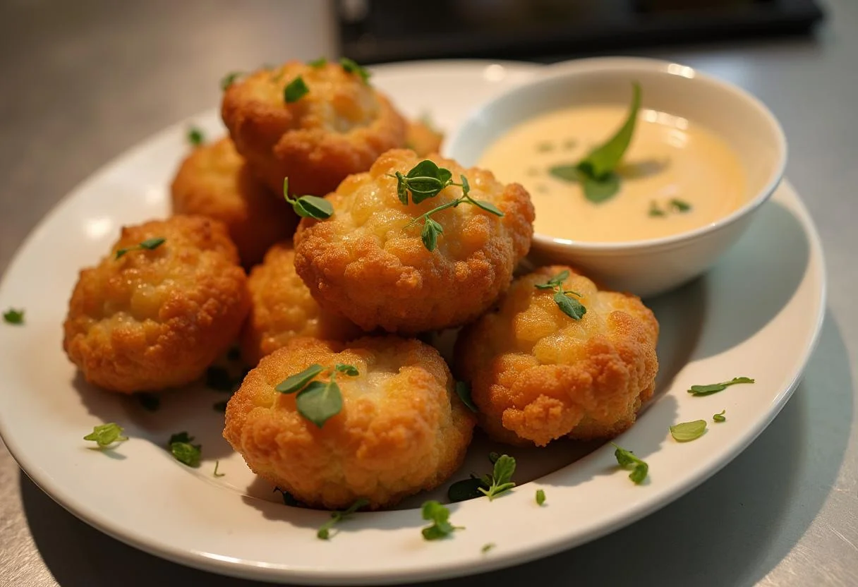 Service des beignets de choux fleurs croustillants sur une assiette, accompagnés d'une sauce à tremper.