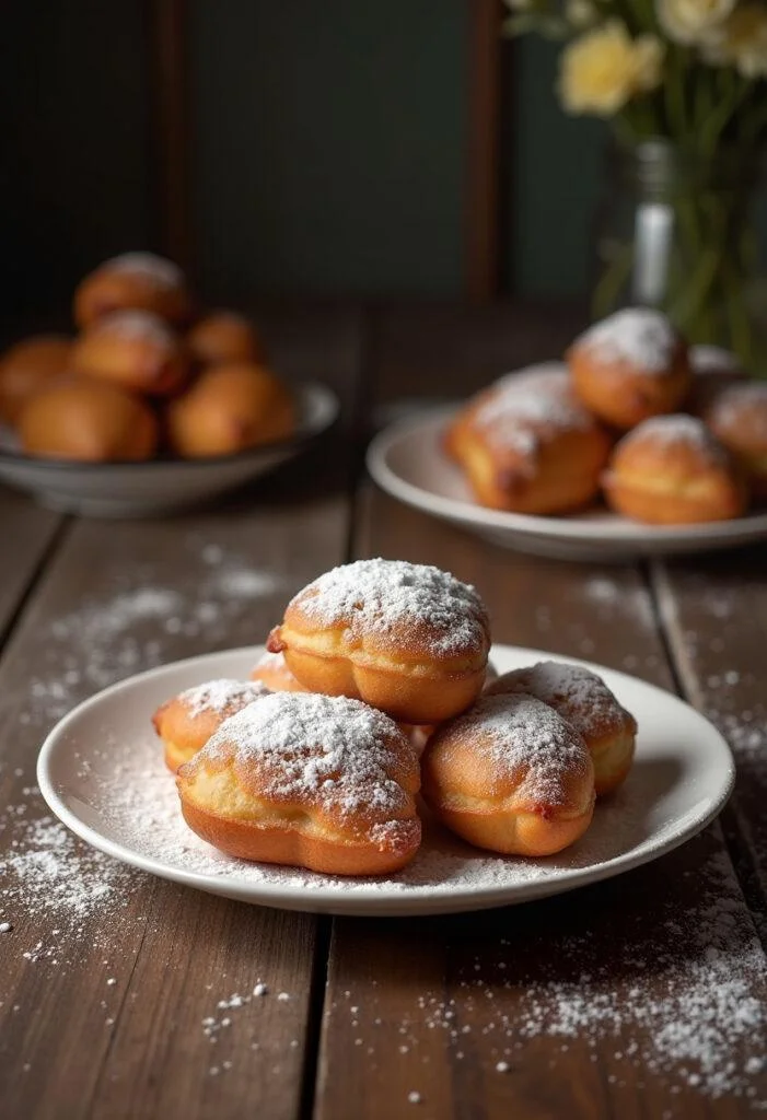 Assiette de beignets sucrés dorés saupoudrés de sucre glace, présentée sur une table en bois rustique.